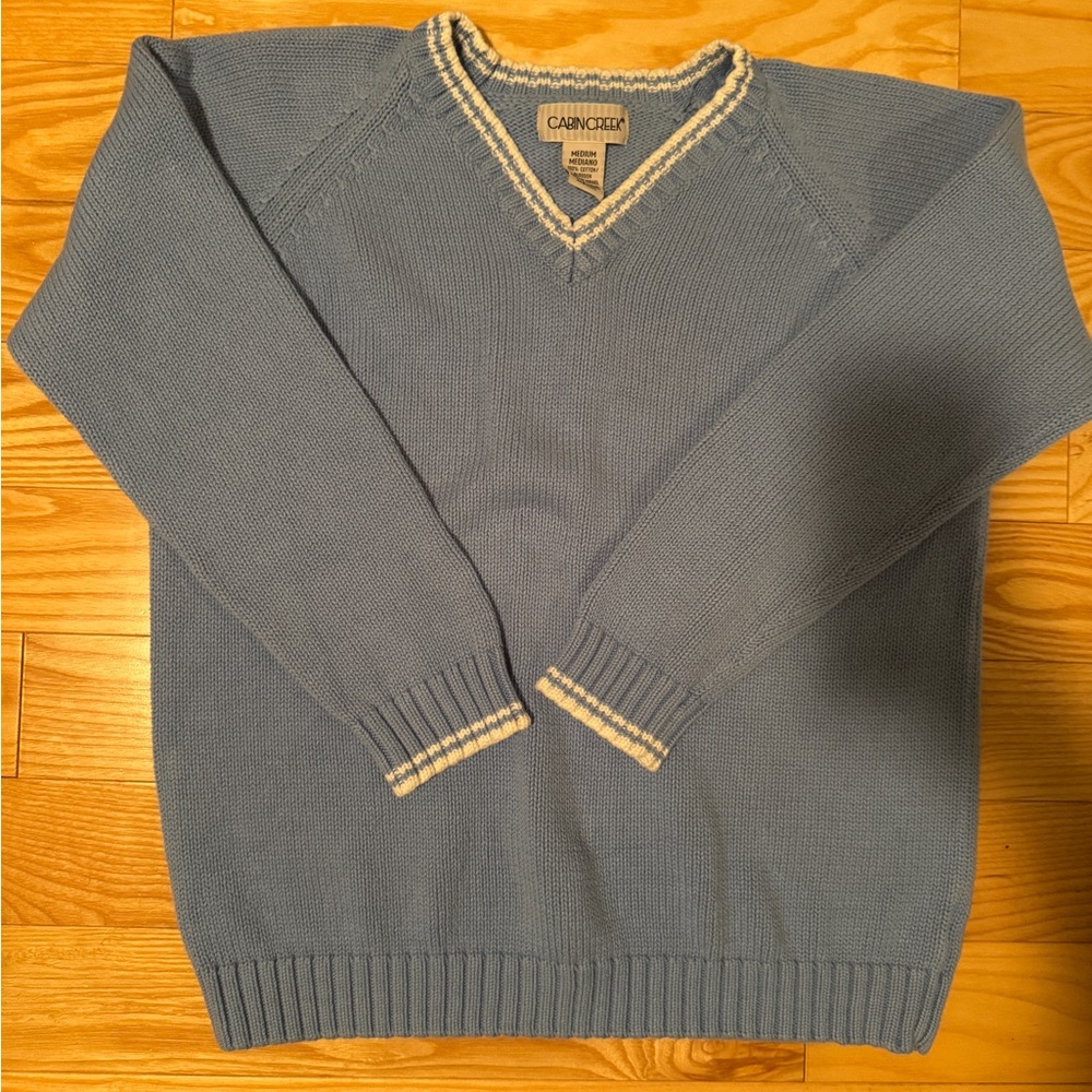 Vintage Blue White 100% Cotton Sweater V-neck Size Medium